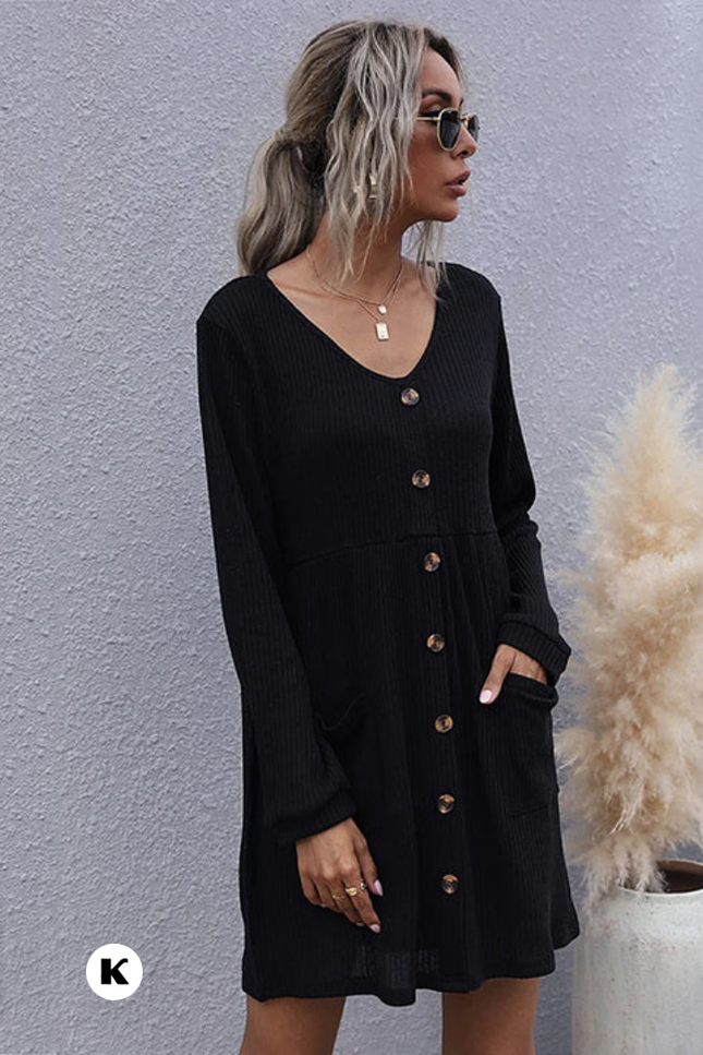 Simple casual v hals straight button jurk