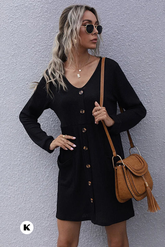 Simple casual v hals straight button jurk