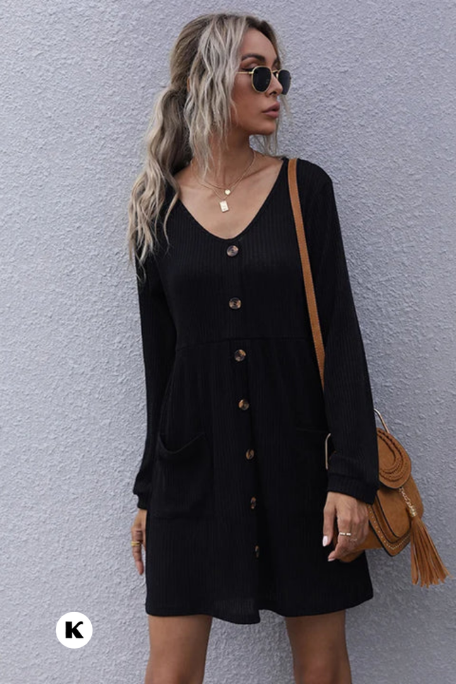Simple casual v hals straight button jurk