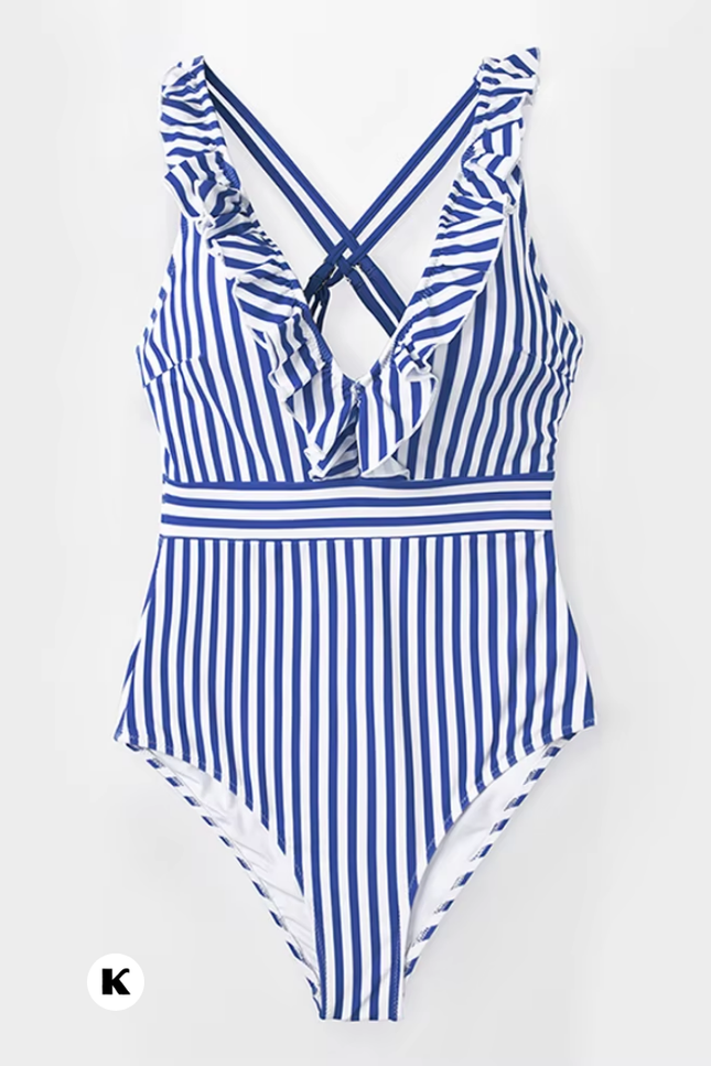 Ruffle model blauw wit gestreepte badpak