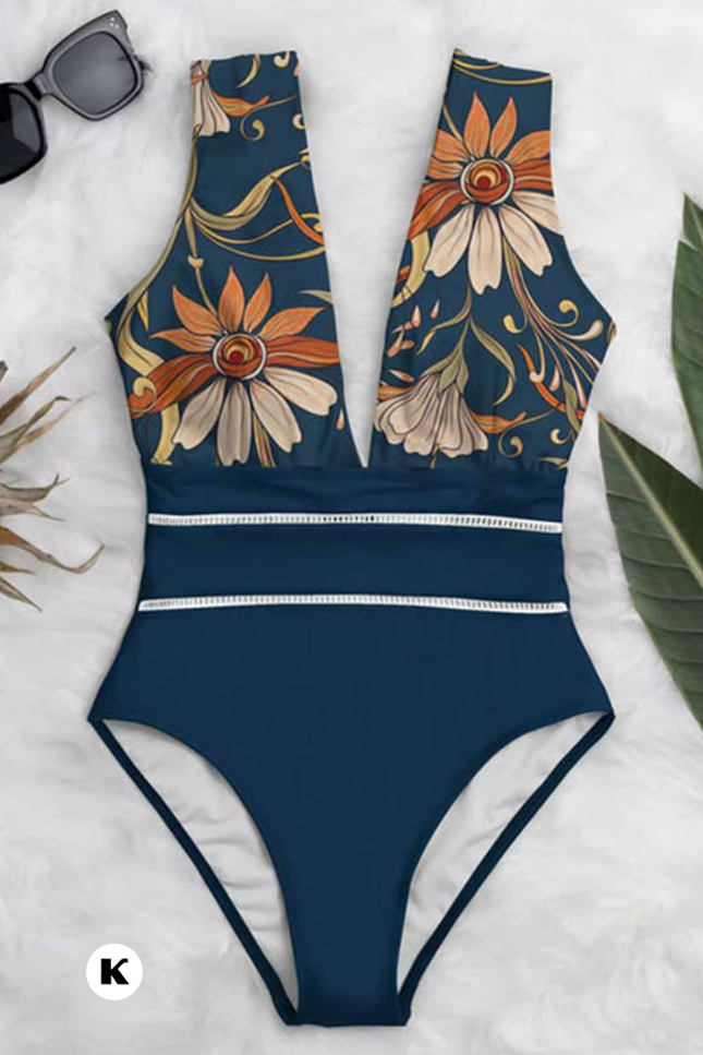 Bloemenprint deep v-hals model badpak