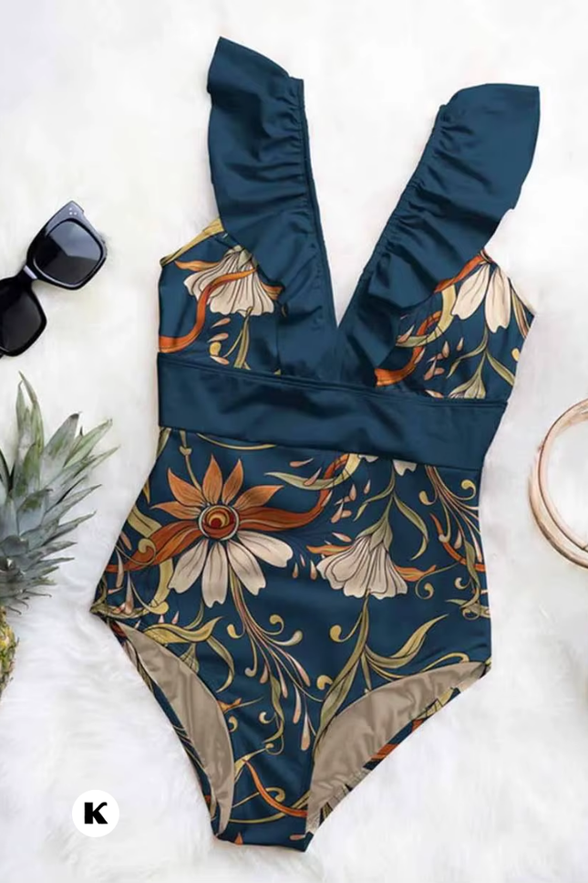 Bloemenprint deep v-hals model badpak