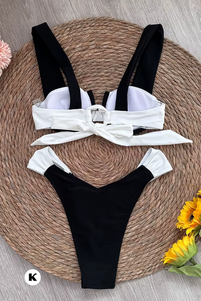 Black white halter model push up thong stijl bikini