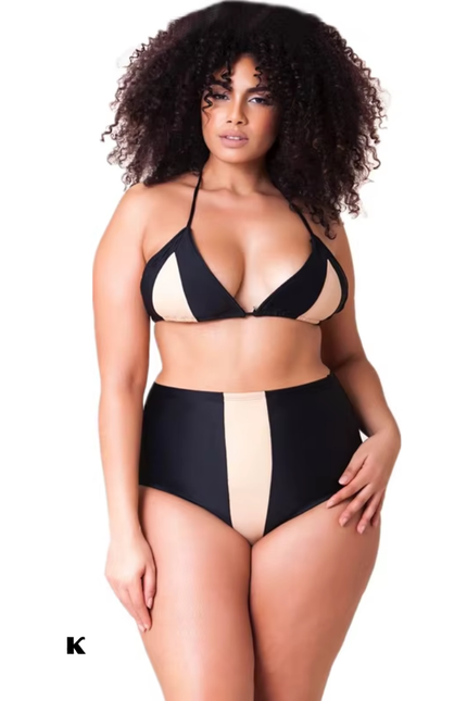 High waisted khaki-zwart model plus size halter bikini