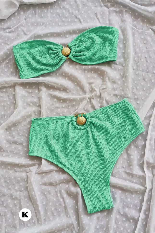 Shell bandeau push up model high waisted bikini