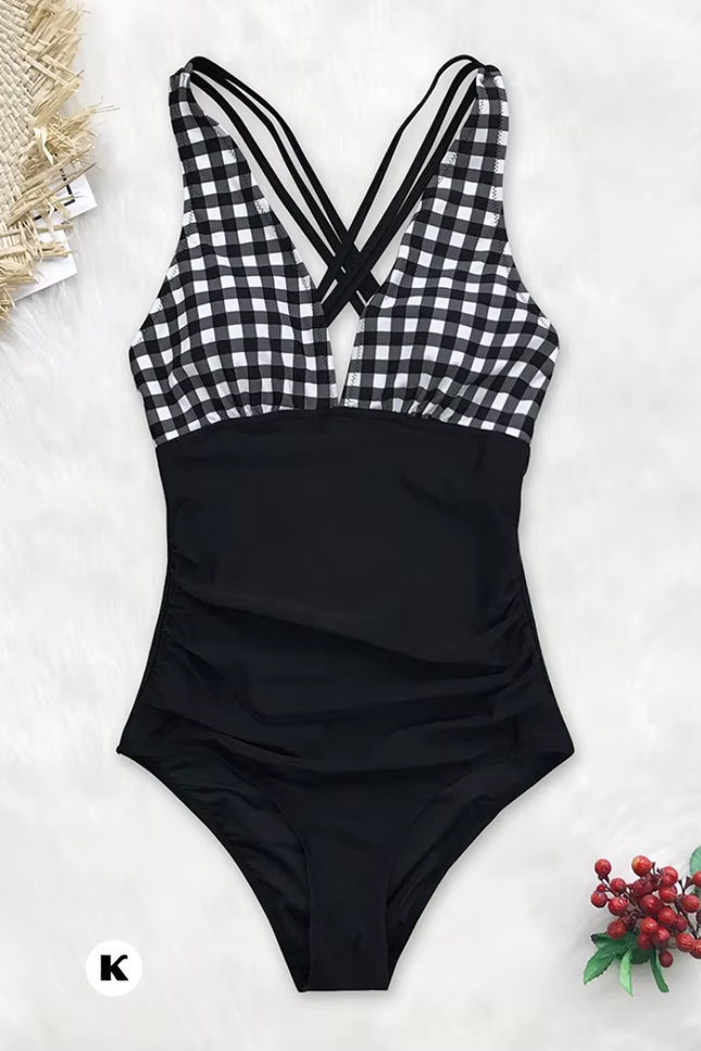 Gingham ruched model back cross stijl badpak