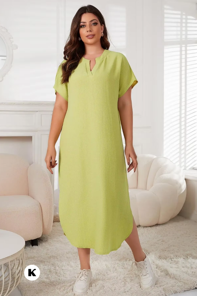 Groene cut out model v hals side split plus size jurk