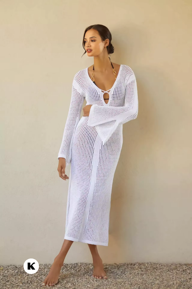 Witte casual low cut v hals model midi jurk