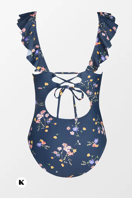 Ruffle bloemenprint model blauwe badpak