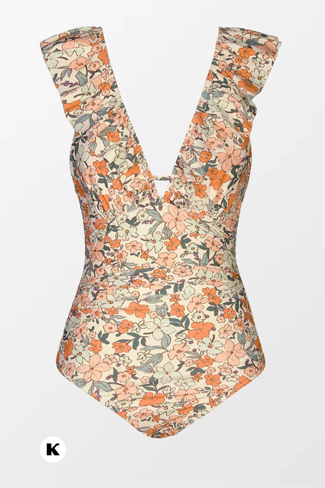 Ruffle bloemenprint model blauwe badpak