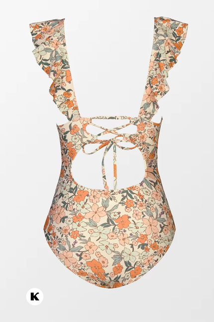 Ruffle bloemenprint model blauwe badpak