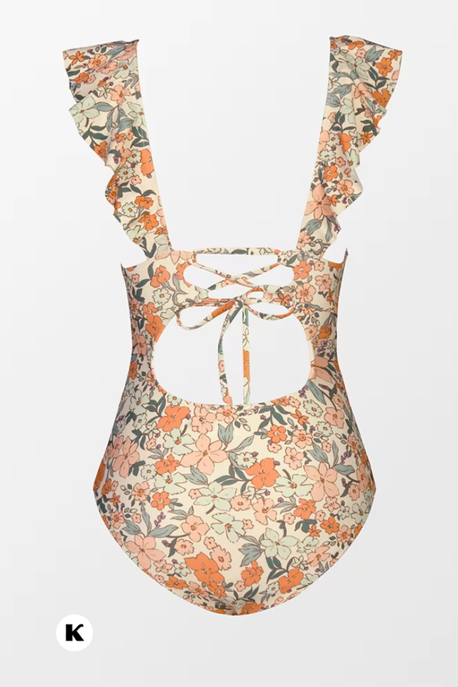 Ruffle bloemenprint model blauwe badpak